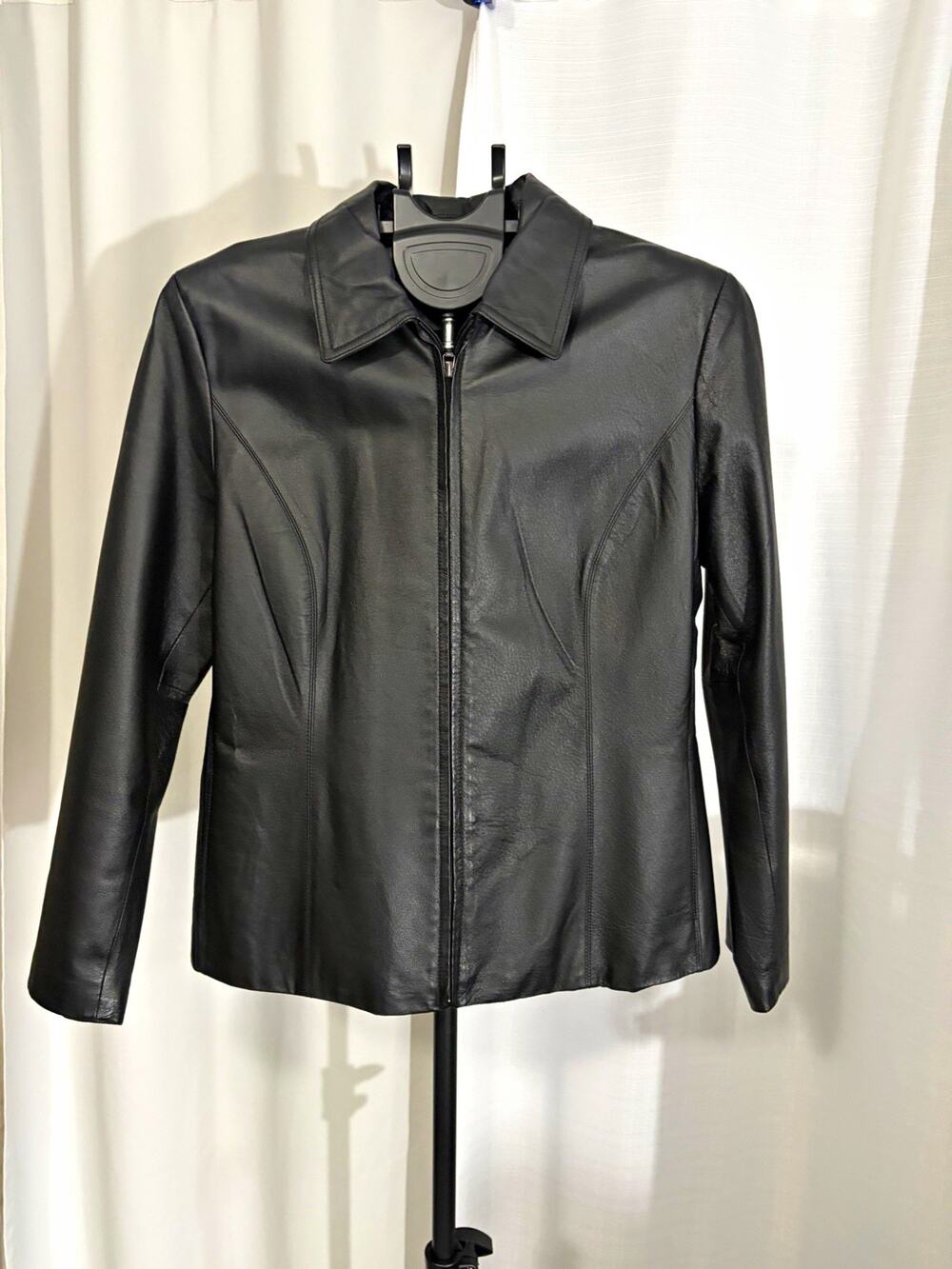 Worthington Women's Leather Black Zip-Front Collared Lined Short Jacket Size M